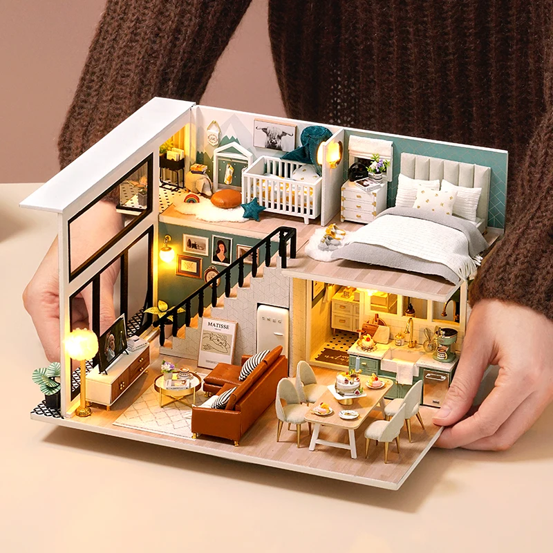 CUTEBEE-DIY Wooden Doll House Kit, Modern Miniature Dollhouse with Furniture Lights, Magic Roombox Toys, Birthday Gift
