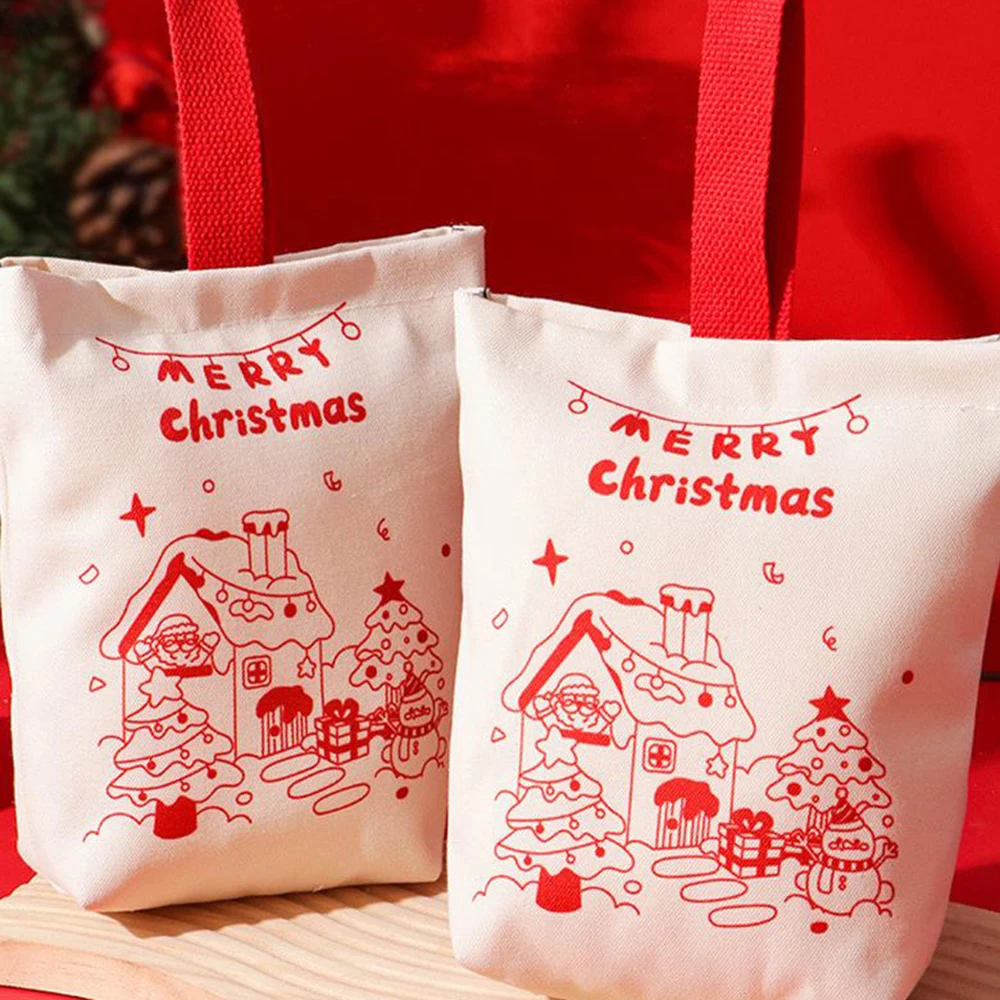 Christmas Candy Bag Red Canvas Handbag Handheld Gift Bag Festive Christmas Gift Bag For Santa Visit Christmas Eve