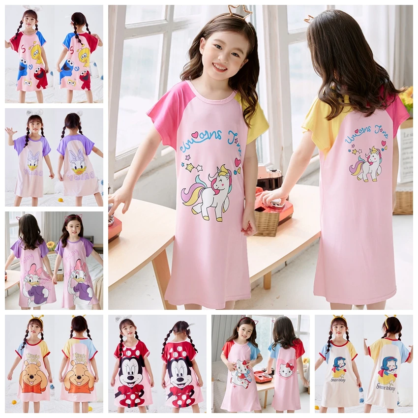 Unicorn Cotton Nightdress Baby Girls Pajamas Dresses Children Cartoon Minnie Donald Summer Nightgown Home Clothes Kids Sleepwear