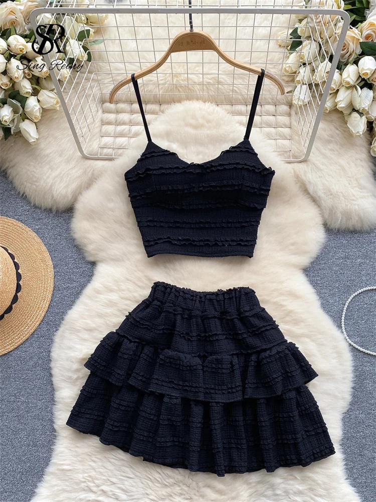 SINGREINY Sweet Ruched Two Pieces Sets V Neck Strap Crop