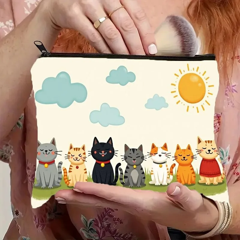 Eine Make-up-Tasche mit Happy Cat Whiskers-Kosmetiktasche. Leichter, faltbarer Make-up-Organizer mit Reißverschluss für die Reise-Aufbewahrungstasche – Detail 12