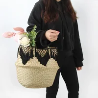 Seagrass Storage Basket Lace Laundry Tassel pendant Basket Natural Rattan Flower Basket Straw Toys storage organizer Black White 2