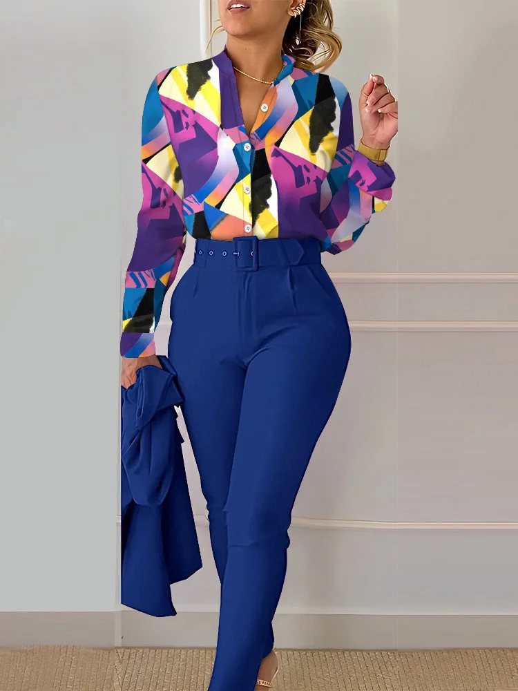 Spring Autumn Fashion Print 2 Piece Sets 2023 Women Casual Button Long Sleeve Shirt Pants Suits Female V-Neck Top Pants Outifits