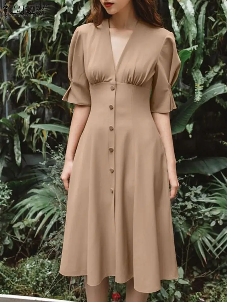 

ZANZEA Fashion Solid Robe Woman VintageA Line Dress Puff Sleeve V-Neck Dresses Female Casual Party Sundress OL Office Vestidos