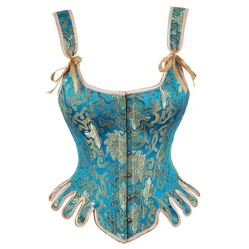 Vintage Embroidered Blue Corset Top with Should Strap Women Gothic Sexy Bustier Renaissance Overbust Corselet Steampunk Bodice