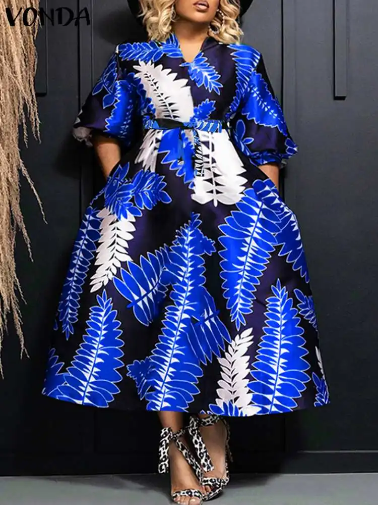 

VONDA Bohemian Women Party Long Dress 2024 Summer V-Neck Printed Puff Sleeve Casual Loose Sundress Belted Oversized Vestido Robe
