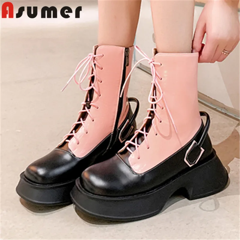 

ASUMER 2024 New Genuine Leather Women Boots Mixed Colors Winter Ladies Ankle Boots Zipper Thick High Heels Platform Shoes