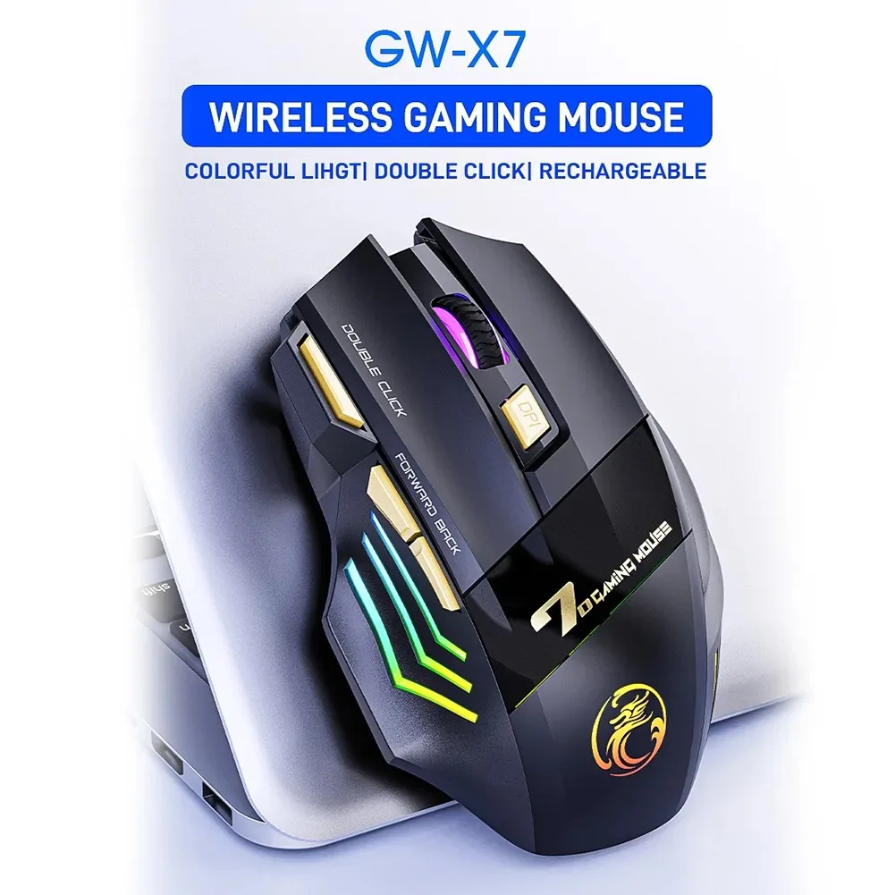 Wireless Gaming Mouse Ergonomic Silent RGB Gaming Mouse Rechargeable 7-color Breathing LED Portable Durable for Laptop Ipad Tool