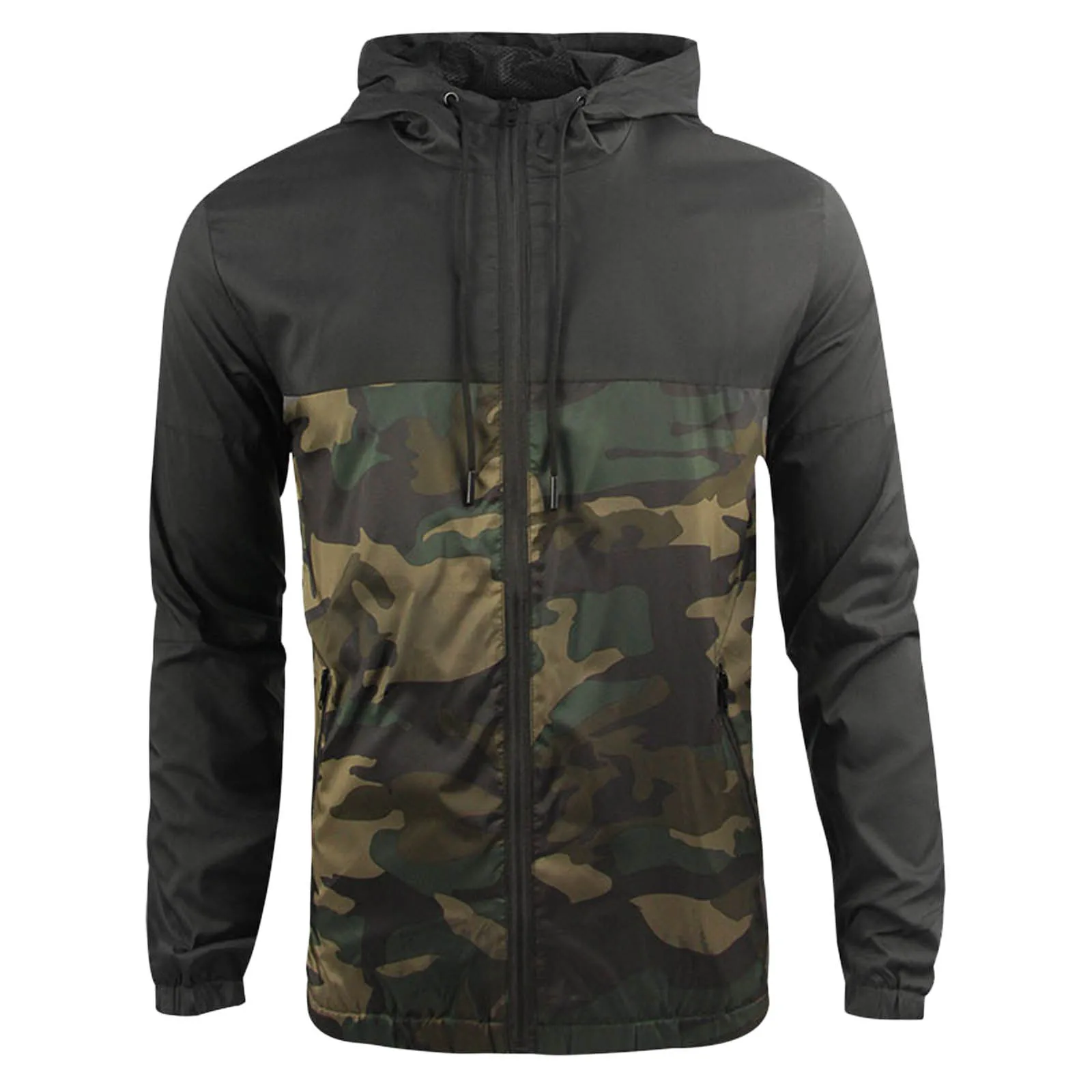 Men Zip Up Hoodie Spring Autumn Patchwork Color Hooded Jacket Coats Pockets Drawstrings Fit Outdoor Sports Breathable Sweatshirt