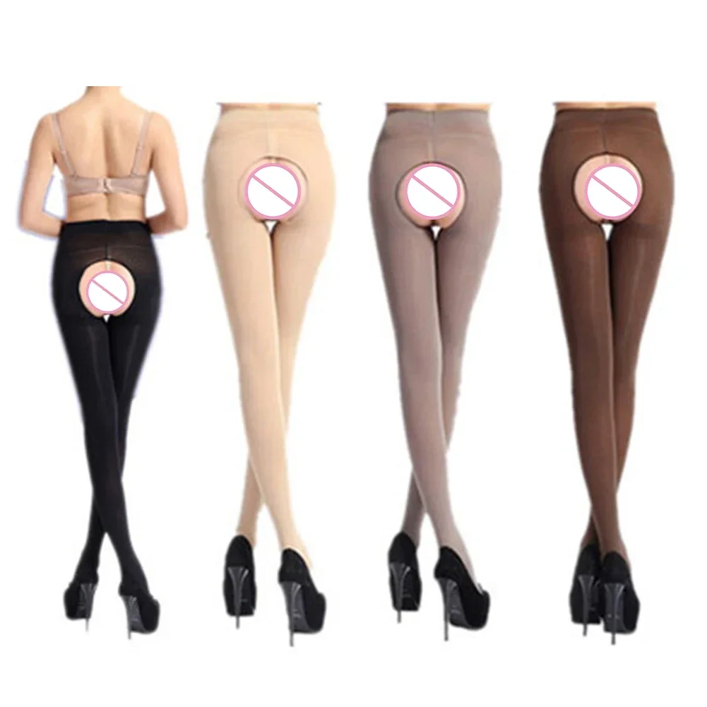 Sumodx Women Sexy Velvet Crotchless Tights Open Crotch Oil Shiny Pantyhose Stockings 120D Elastic Slim Skinny