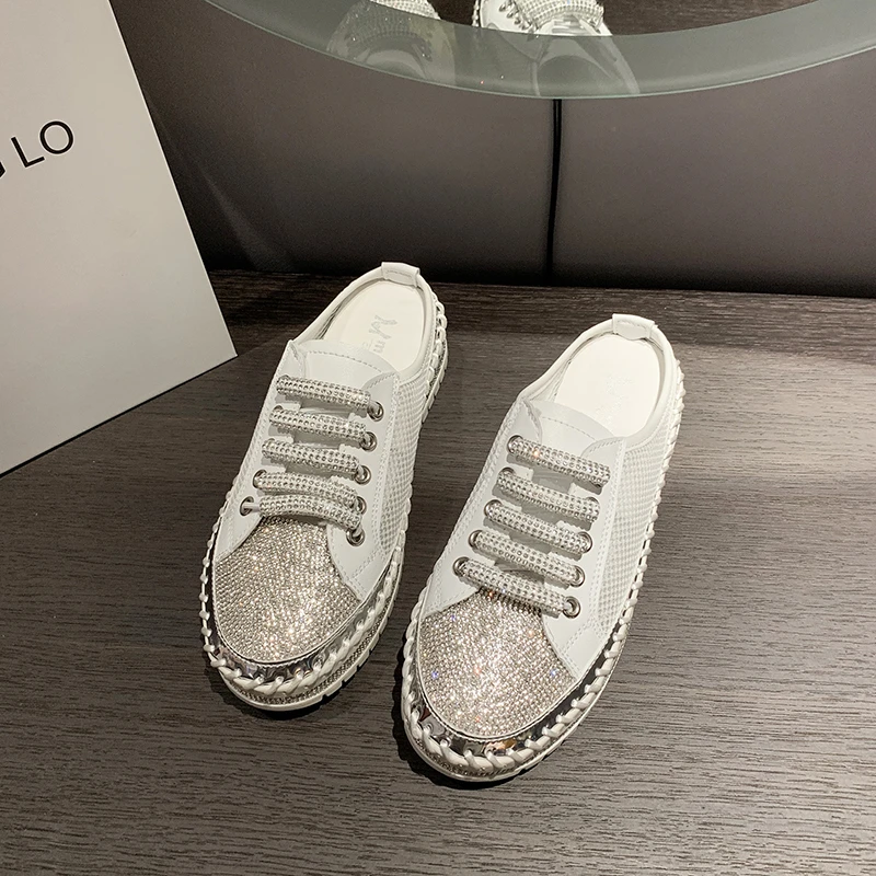Women Crystal Shoes 2023 Spring Fashion Bing Lace Up Ladies Casual Shoes Comfortable Round Toe Platform Sneakers White Shoes