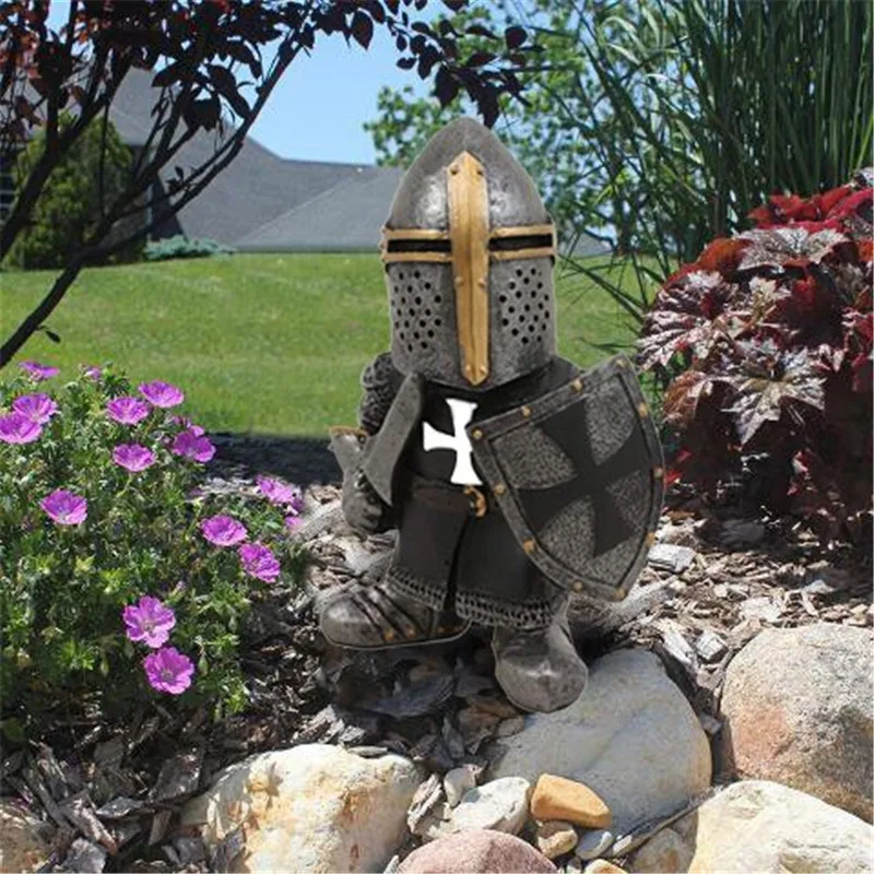 Knight Gnomes Garden Statue Guard Cross Templar Dwarf Guard Armor Samurai Miniature European Knight Resin Garden Decoration