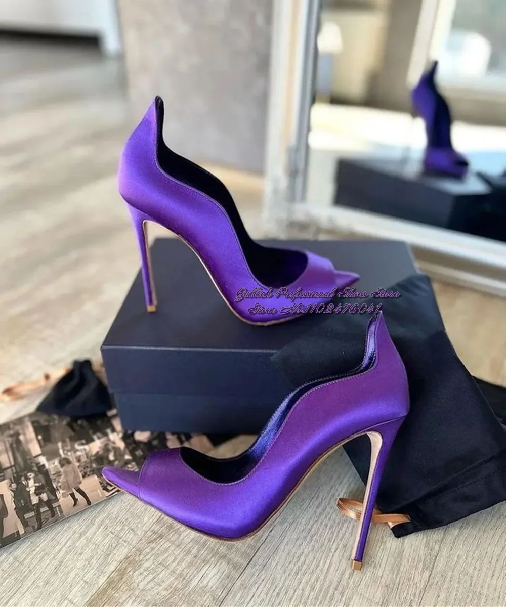 Women Purple Satin Cloth Pointed Toe Open Toe Dress Shoes 12cm