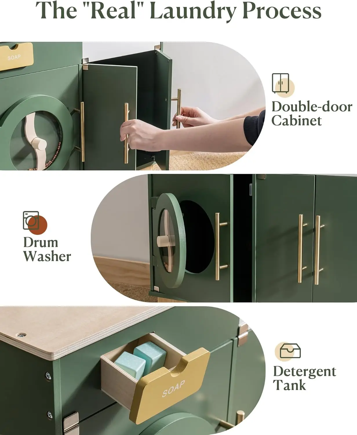 Robotime Wooden Toy Washing Machine Kitchen Set Vintage Green Washer and Dryer Kitchen Playset Pretend Play for Kids