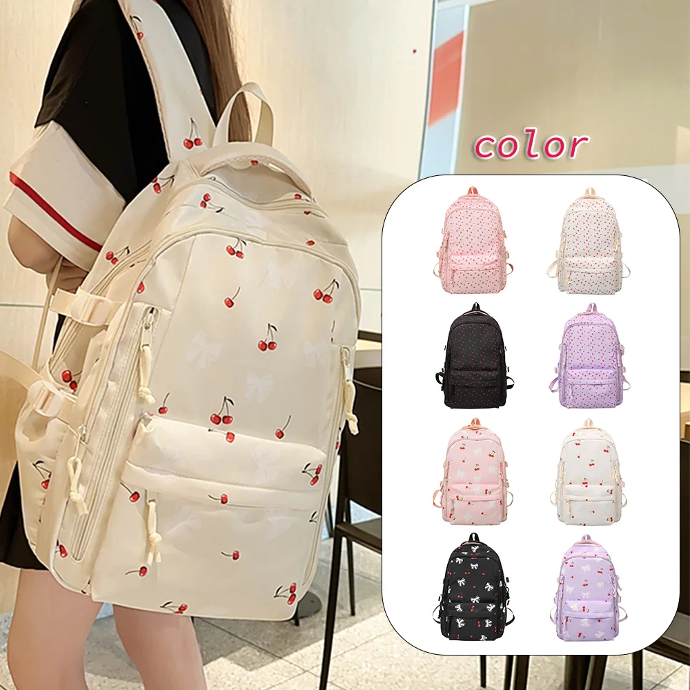 Cute Cherry & Bow Print Nylon Backpack, Large Multi-Pocket Daypack, Lightweight Water-Resistant Bag for School & Daily Use 1