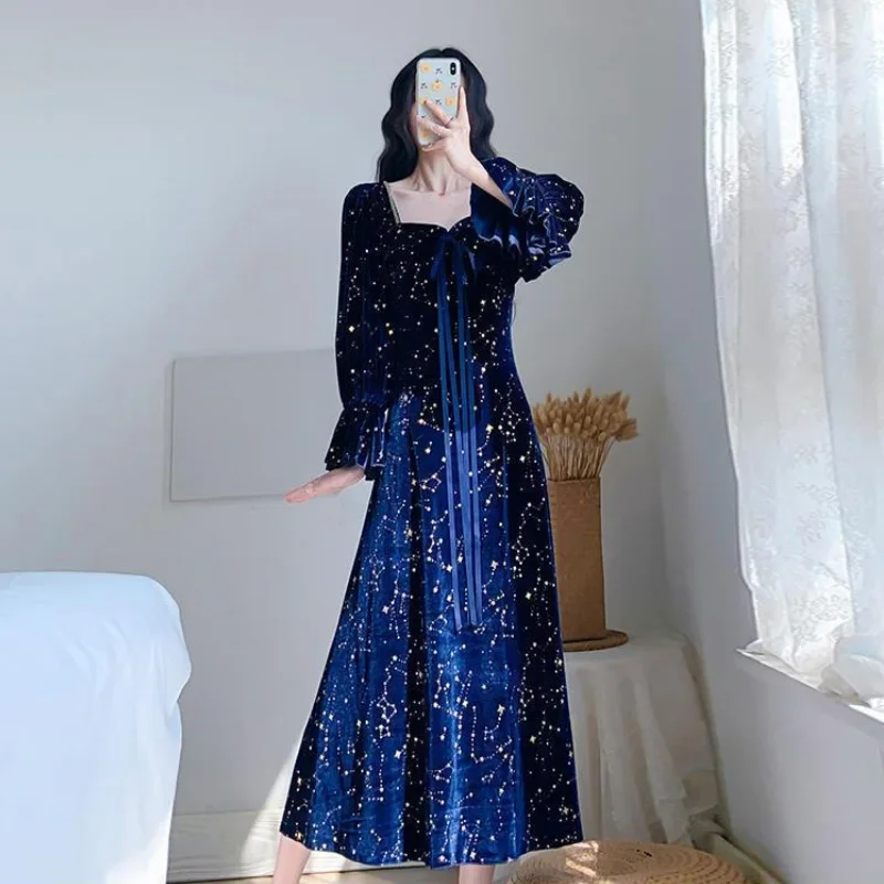 

Elegant Party Dresses for Women 2023 Square Collar Gold Velvet Blue Evening Dress Vintage Mid-length Plus Size Female Clothes
