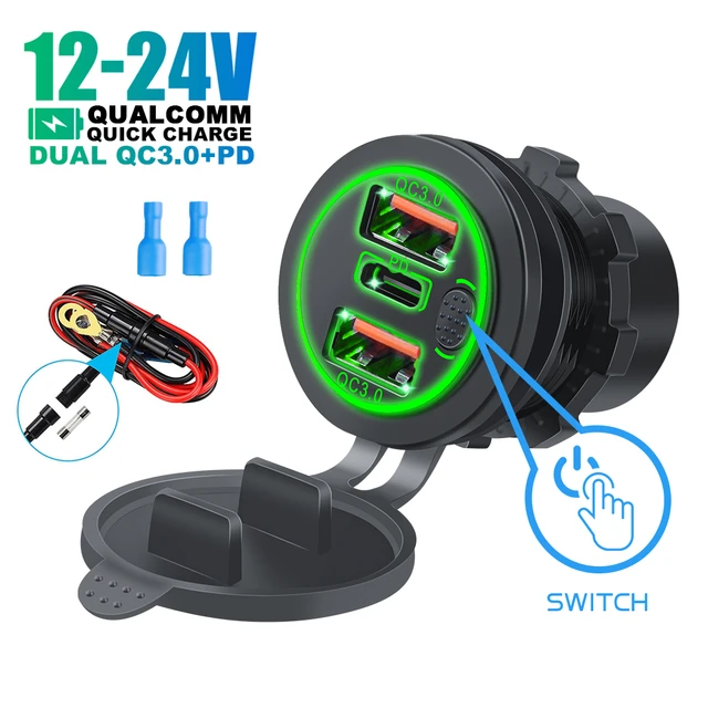 Qc 3.0 Double prise de chargeur USB, prise USB étanche 12V / 24V avec  interrupteur tactile pour voiture, marine, bateau