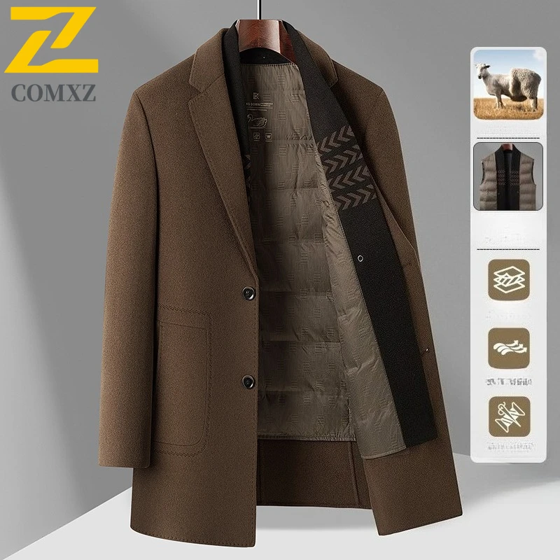 COMXZ High Quality Winter Jacket Hooded Warm Minimalist Ski Padded Jacket 2025 Work Luxury Classic Long Wool Coat Men's Clothing