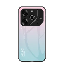 Gradient Grain Tempered Glass Hard Back Phone Case with Silicone Bumper for Tecno Pova 6 Pro (Pink Blue)