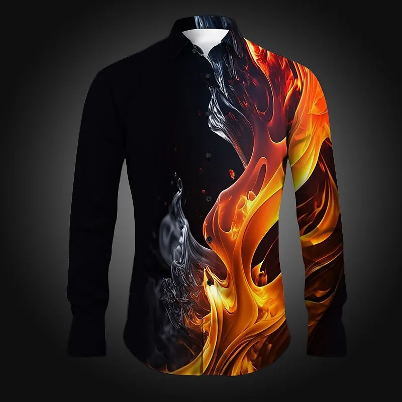 

High quality flame men's shirt comfortable and soft long sleeve flame shirt for daily wear spring lapel fashion button design