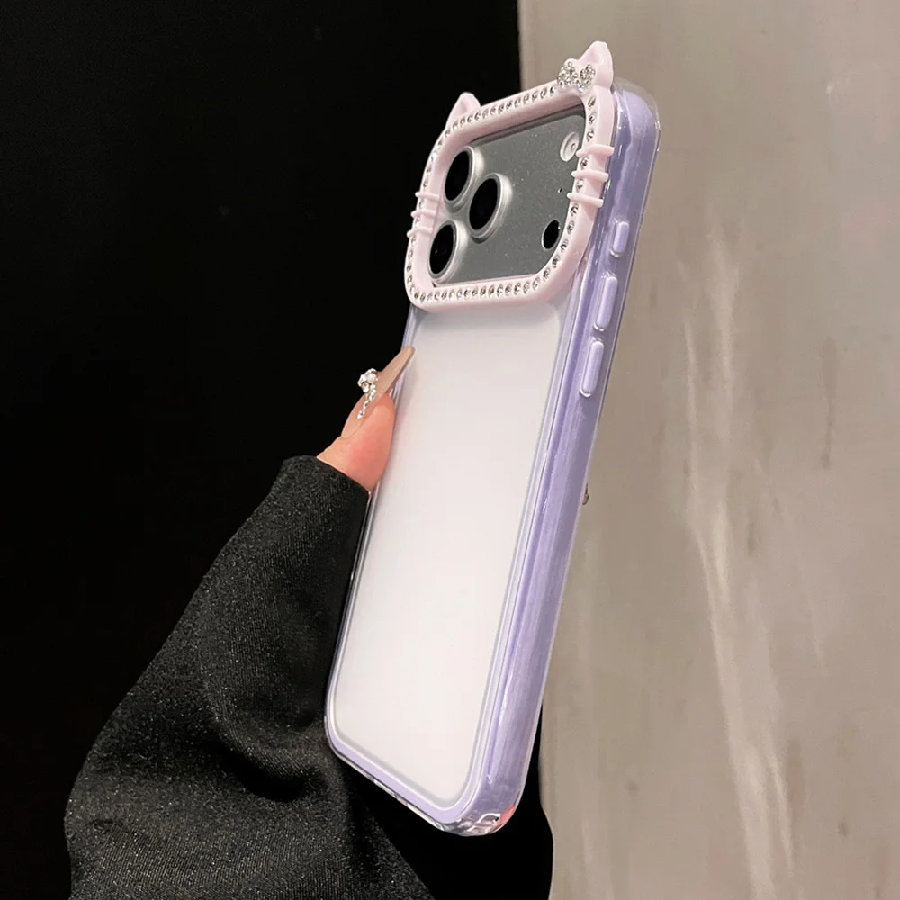 Luxury Rhinestone Cat Ears Matte Transparent Phone Case with Candy Color Bumper