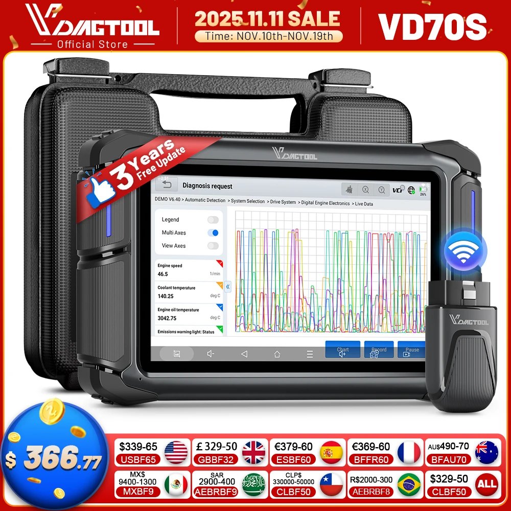 VDIAGTOOL VD70S OBD2 Scanner Car Diagnostic Scan Tool Bluetooth Automotive Scanner ECU Coding 39 Reset Active Test FCA CANFD