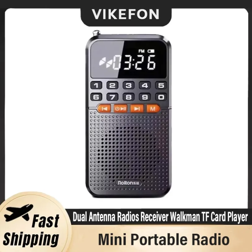 VIKEFON Portable Pocket Radio Dual Antenna Radios Receiver Bluetooth Speaker Walkman with LED Display Flashlight TF Card Player