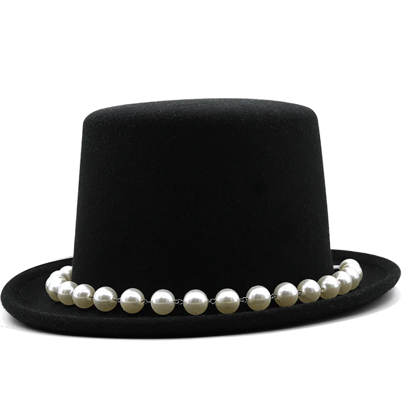 

13.5cm Luxury Pearl Wool Felt Top Hat For Men/Women New Cylinder Hat Topper Mad Hatter Party Costume Fedora Derby Magician Hat