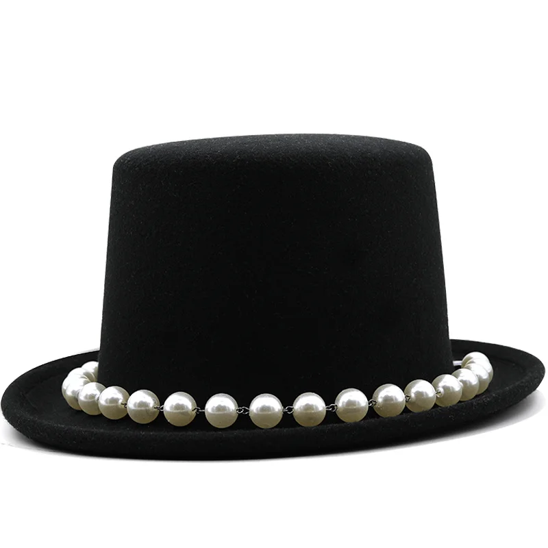 13.5cm Luxury Pearl Wool Felt Top Hat For Men/women New Cylinder Hat