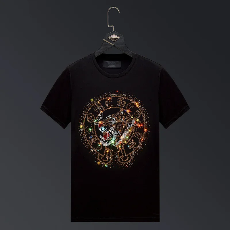 

2024 Animal Rhinestones T Shirts Men Clothing Fashion Streetwear O Neck Short Sleeve Slim Modal Cotton Tshirts Man Plus Size 6XL