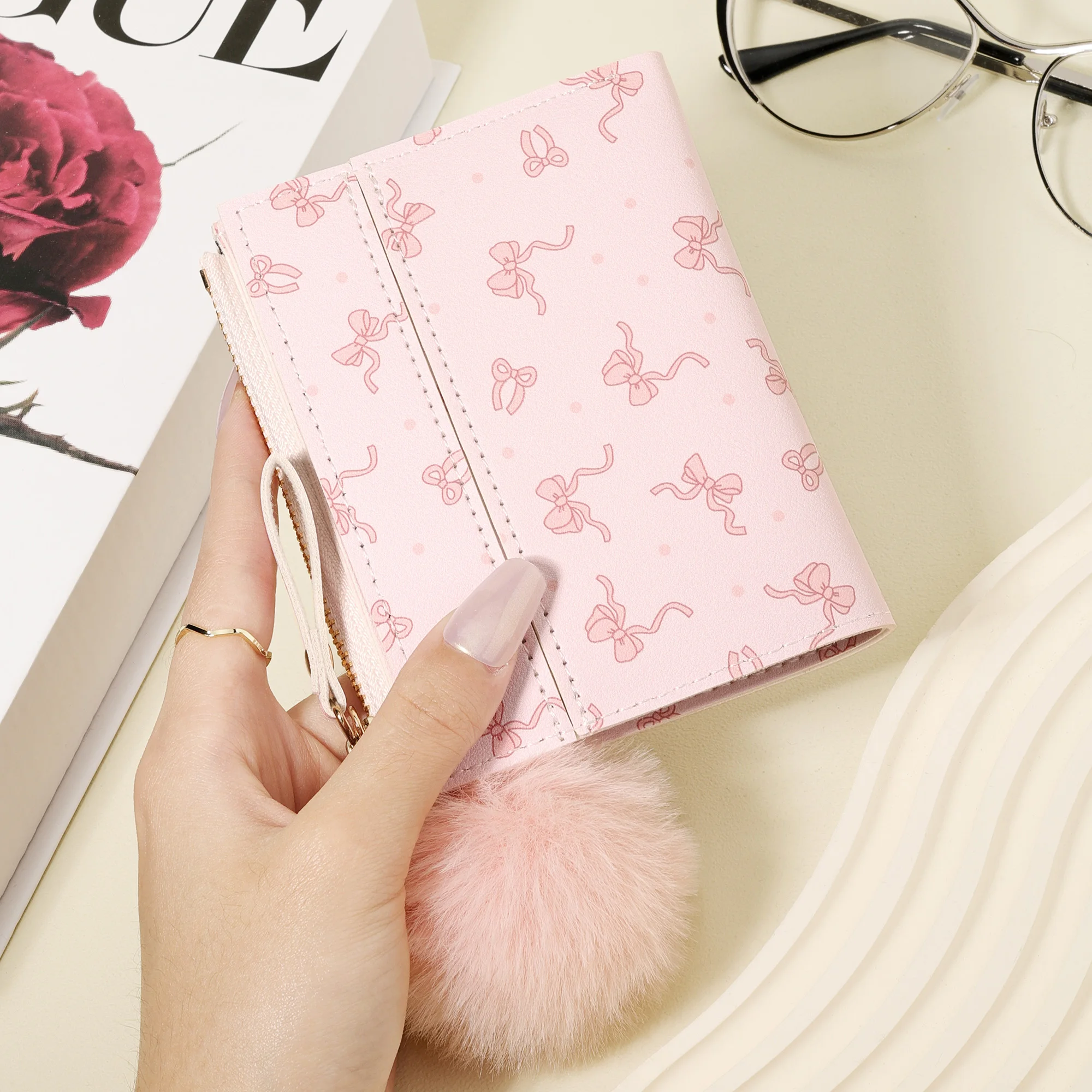 Women's Minimalist Short Wallet with Pom-Pom Charm and Bow Print