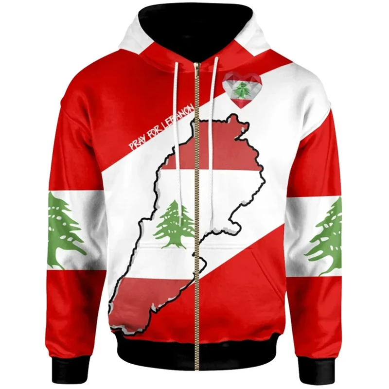 Sudadera con capucha vintage para hombre, con estampado de bandera del Líbano, moda urbana, manga larga, holgada, de gran tamaño, ropa Y2k, sudaderas con cremallera