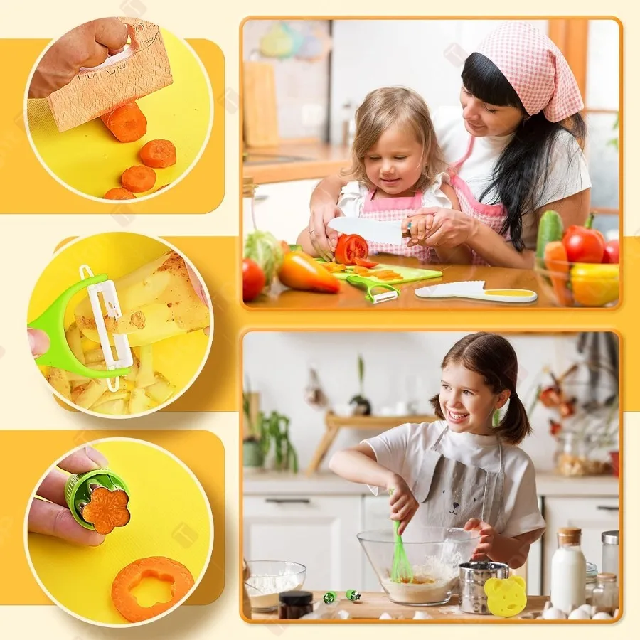 Description Picture 4 of item17 Pieces Kids Cooking Set Real Montessori Kitchen Tools Toddler Safe Serrated Edges with Plastic Knife Cutting Board Scissors