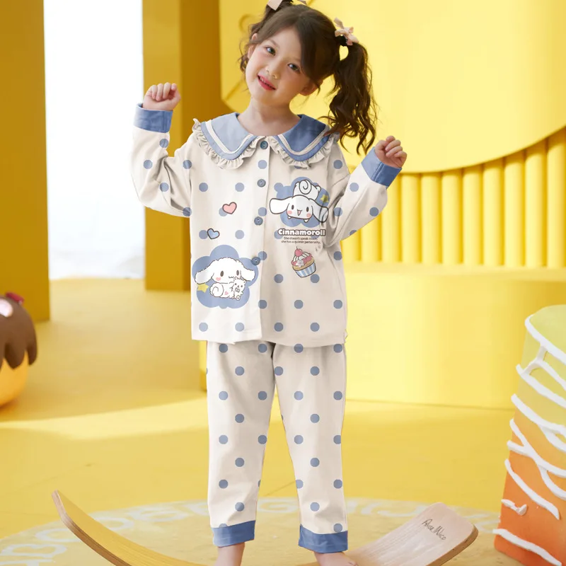 

2023 New Kawaii Sanrio Kids Pajamas Cute Cinnamoroll Anime Cartoon Spring and Autumn Girls Cotton Long Sleeve Homewear Set