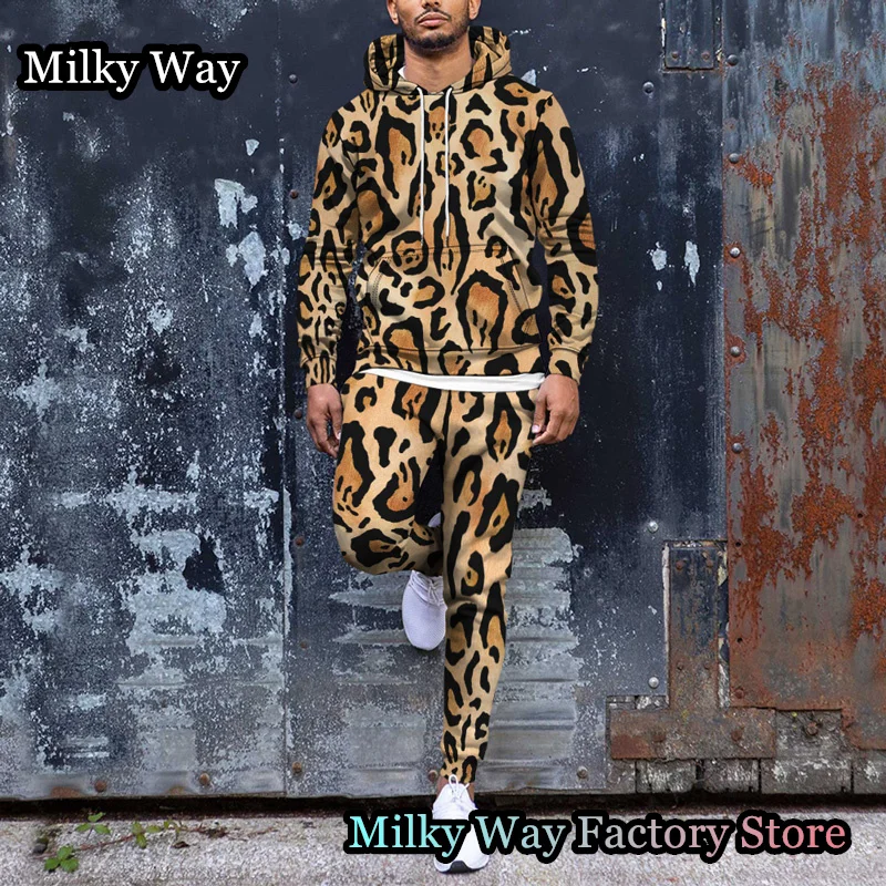 Men's Luxury Leopard Print Hoodie Set Autumn Casual Stylish Tracksuit Male Chic Long Sleeve Clothing Fashion Hooded Streetwear kpop cool basic pants sets chic long sleeve top stretch spring male t shirt hooded sweatshirt casual autumn slim fit 2023 trend