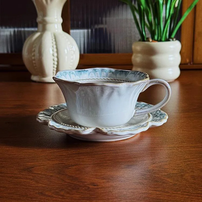 French Vintage Coffee Cup Ceramic Niche Design Relief Afternoon Teacup with Dessert Plate Home Water Cups Kitchen Drinkware