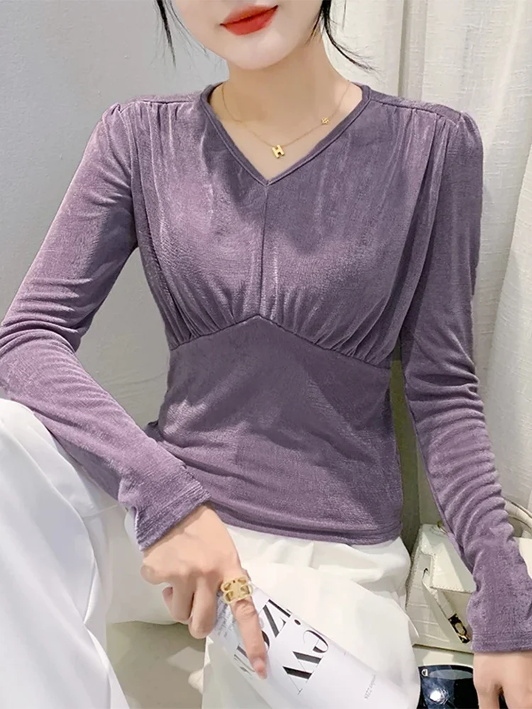 

Уличная одежда Winsleter, футболка с длинным рукавом, эластичная футболка, женские Сексуальные облегающие сетчатые топы с V-образным вырезом и рюшами, новинка 2023, Осень-зима T39911JM