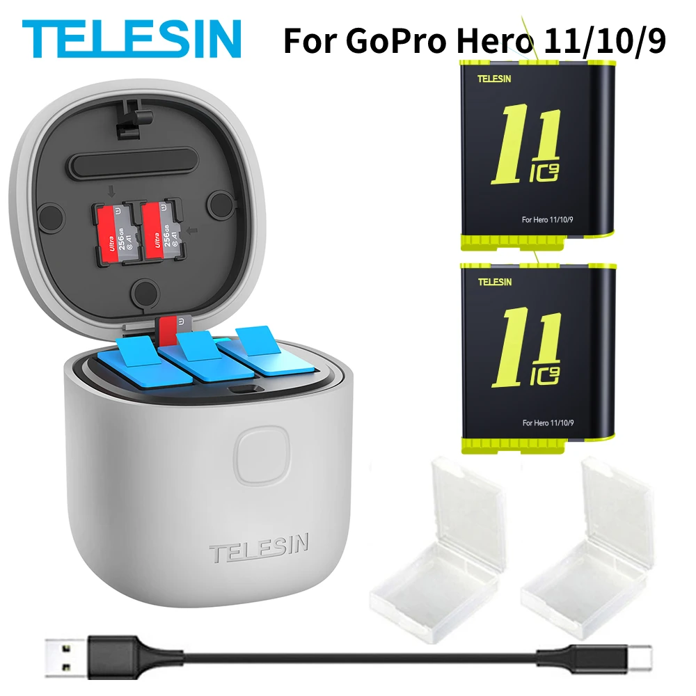  Battery Charger for GoPro Hero 12 11 10 9 Black, TELESIN 2-Pack  Replacement Batteries with Triple Charge Case Type-C Charging Cord for  Original Go Pro Hero 12 Hero 11 Hero 10 Hero 9 Camera Accessories :  Electronics