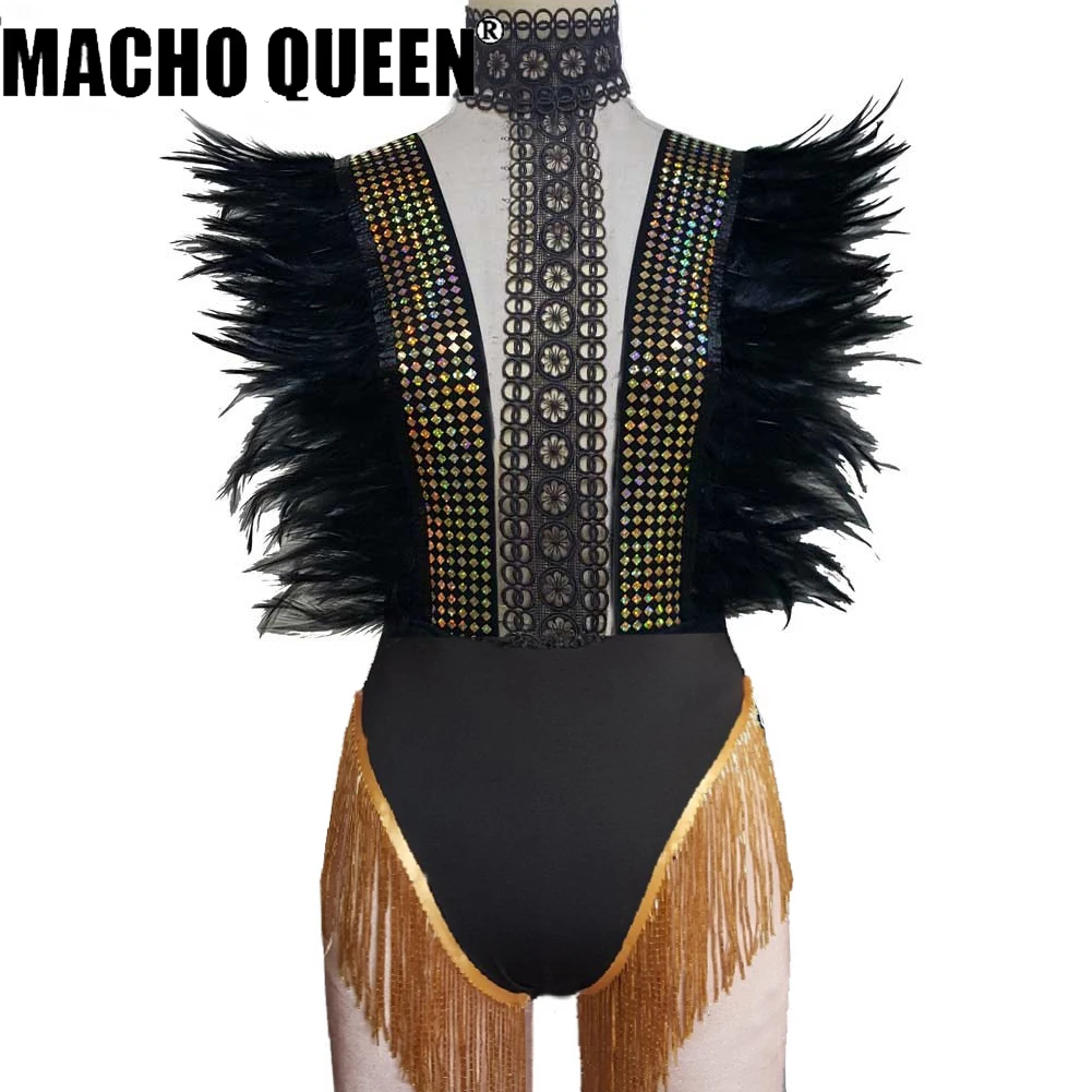 Drag Queen Costumes Festival Feather Bodysuit Glass Fringe Stage