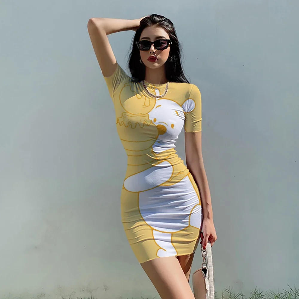 Disney Winnie the Pooh Bodycon Dresses for Women Short Sleeve Sexy Dress Summer Kawaii O Neck Robes Casual Party Club Vestido 2