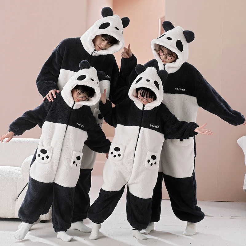 Family Parent-Child Outfit Pijamas Jumpsuits Winter Thicken Pajamas Hoodies Soft Warm Kawaii Sleepwear Cartoon Bear Women Men