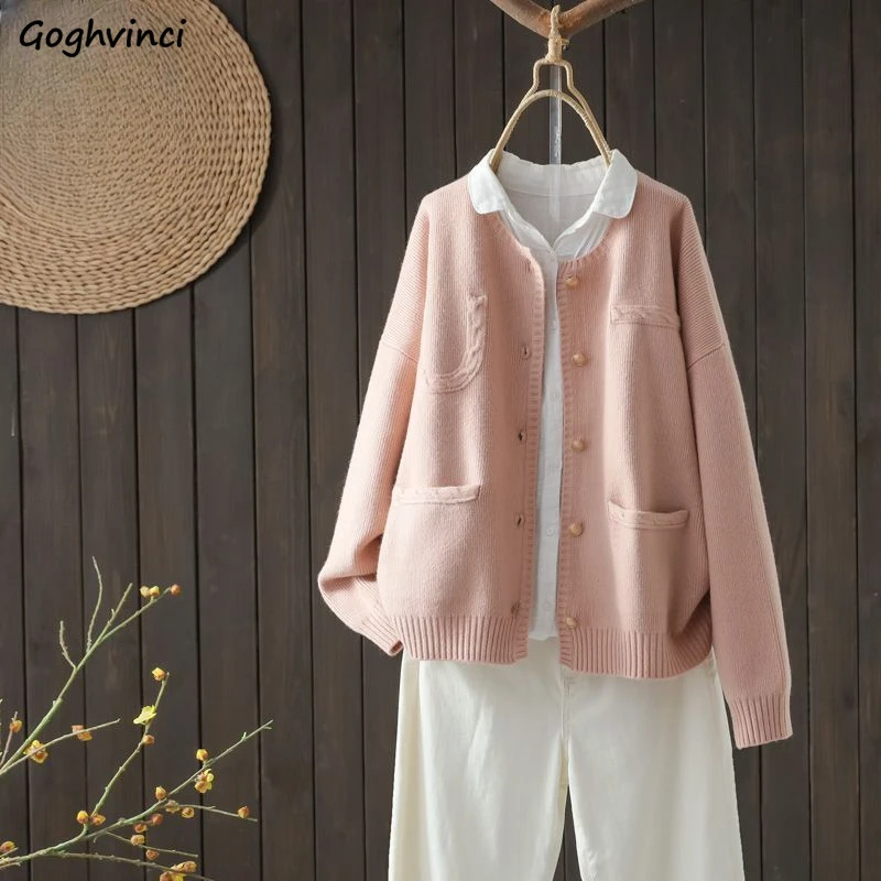 

Cardigans Women Patchwork Vintage Slim-fit Long Sleeve Solid V-neck Knitted Sweaters Retro Pockets Button-up Loose Autumn Winter