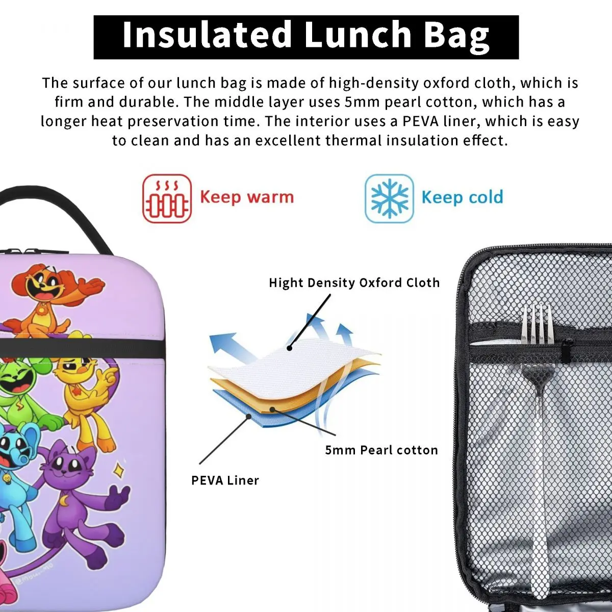 CatNap Smiling Critters Merch Insulated Lunch Bags For Office Cute Kawaii Food Box Portable Cooler Thermal Lunch Boxes