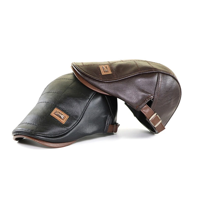 Autumn Winter Men Beret Hat Real Leather Flat Cap Male Adjustable High Quality Fashion Warm Leather Mens Retro Beret Caps 2024