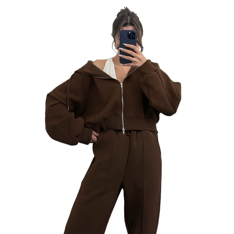 New Autumn and Winter Women's Solid Color Hooded Cardigan Hoodie Coat Jacket Fashion Casual Sweatpants Suit Women's Two-piece
