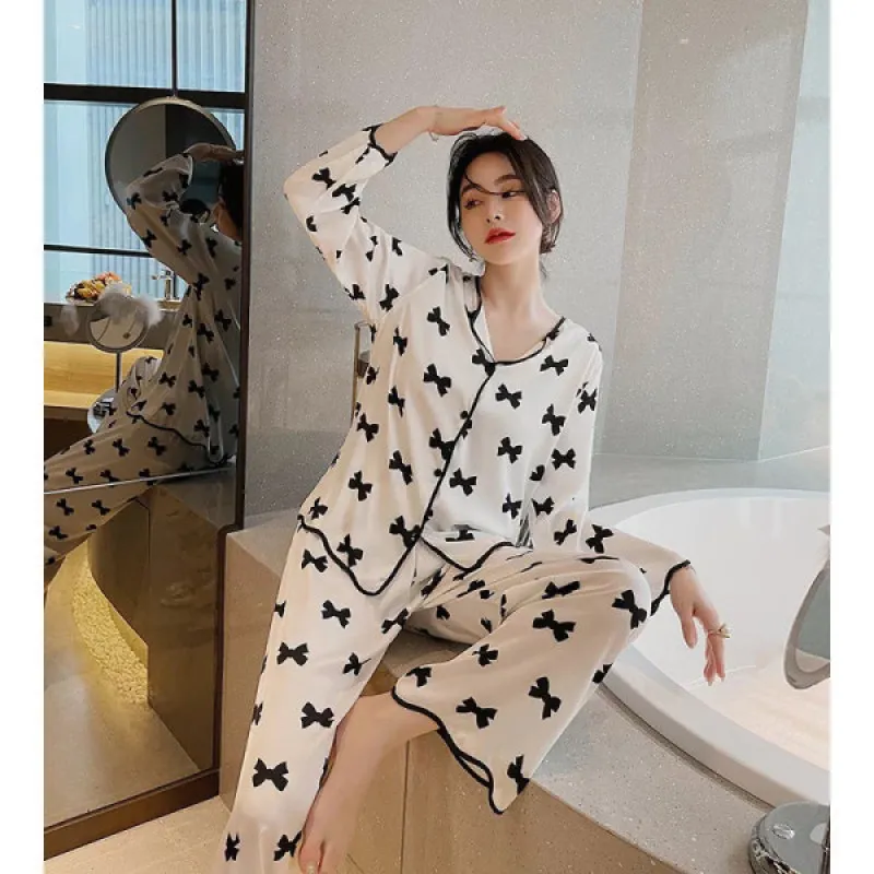 Women 2 Piece Pajamas Sets Bow Print Pijama Faux Silk Satin V-neck Pyjama Female Sleepwear Suit Long Sleeve Shirt Pants Homewear
