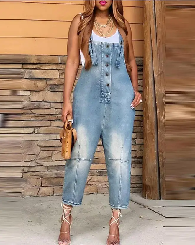 Jumpsuits for Women 2023 Fashion Denim Pocket Design Buttoned Casual Square Neck Sleeveless Suspender Jumpsuit Y2K Streetwear