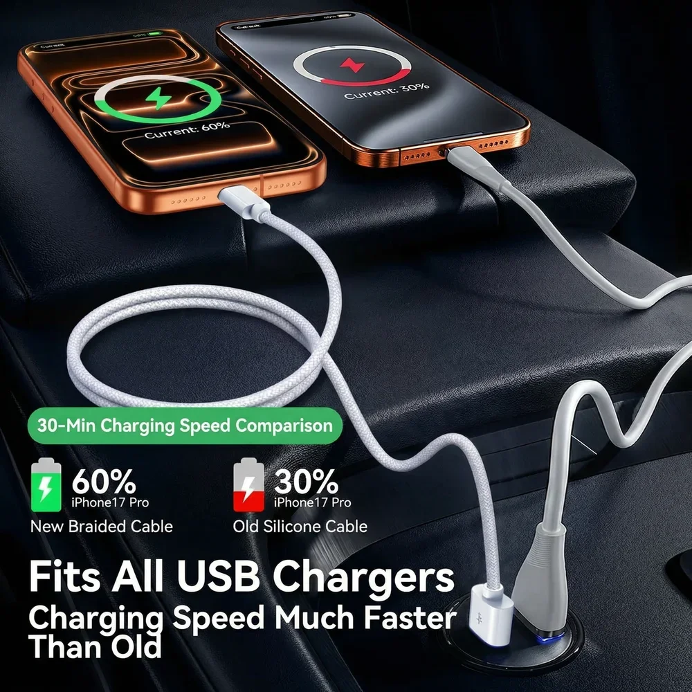USB to Type C 고속 충전 데이터 케이블 (아이폰 17/17 Pro/17 Pro Max용, 카플레이 폰 USB C 코드, 브레이디드 충전 액세서리)