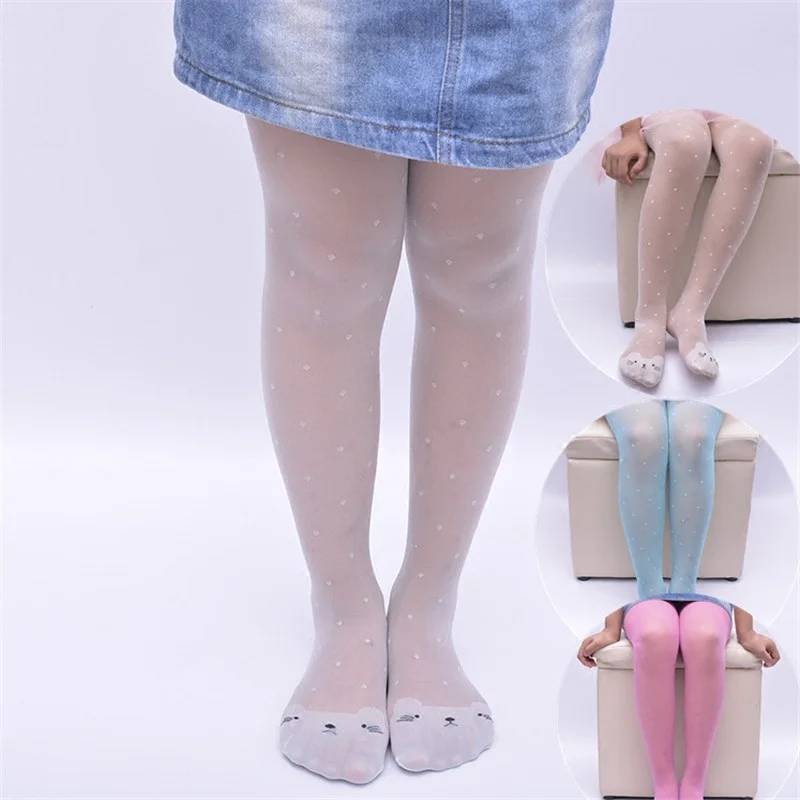 Spring Summer Girls Tights Cartoon Cats Thin Silk Pantyhose for Kids Candy Color Dot Dance Stocking Tights for Girls