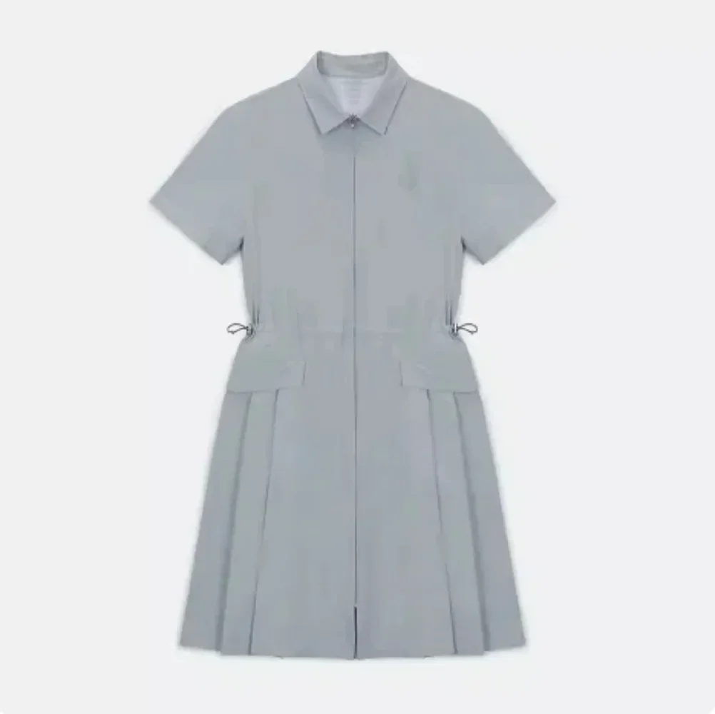 

Golf Women's Solid Color Slim Fit Casual Dress with Lapel, Waist Waist, Slimming Short Sleeve Windbreaker Long Dress